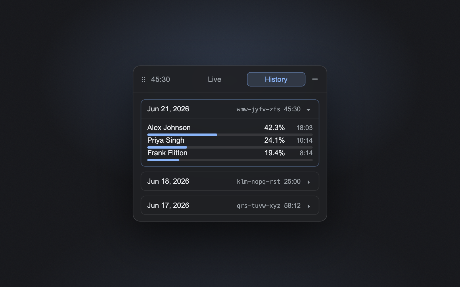 The Airtime history view listing recent meetings with talk-time breakdowns.