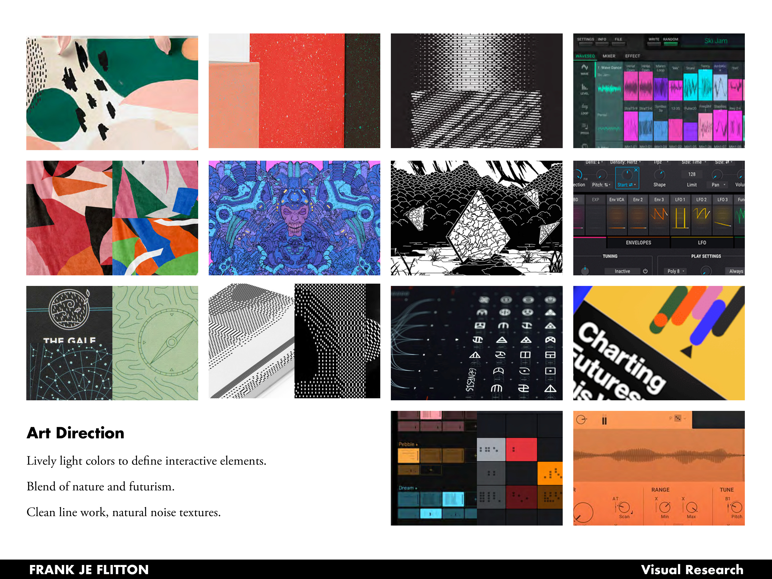 Art direction moodboard: lively colors, blend of nature and futurism, clean line work with natural noise textures