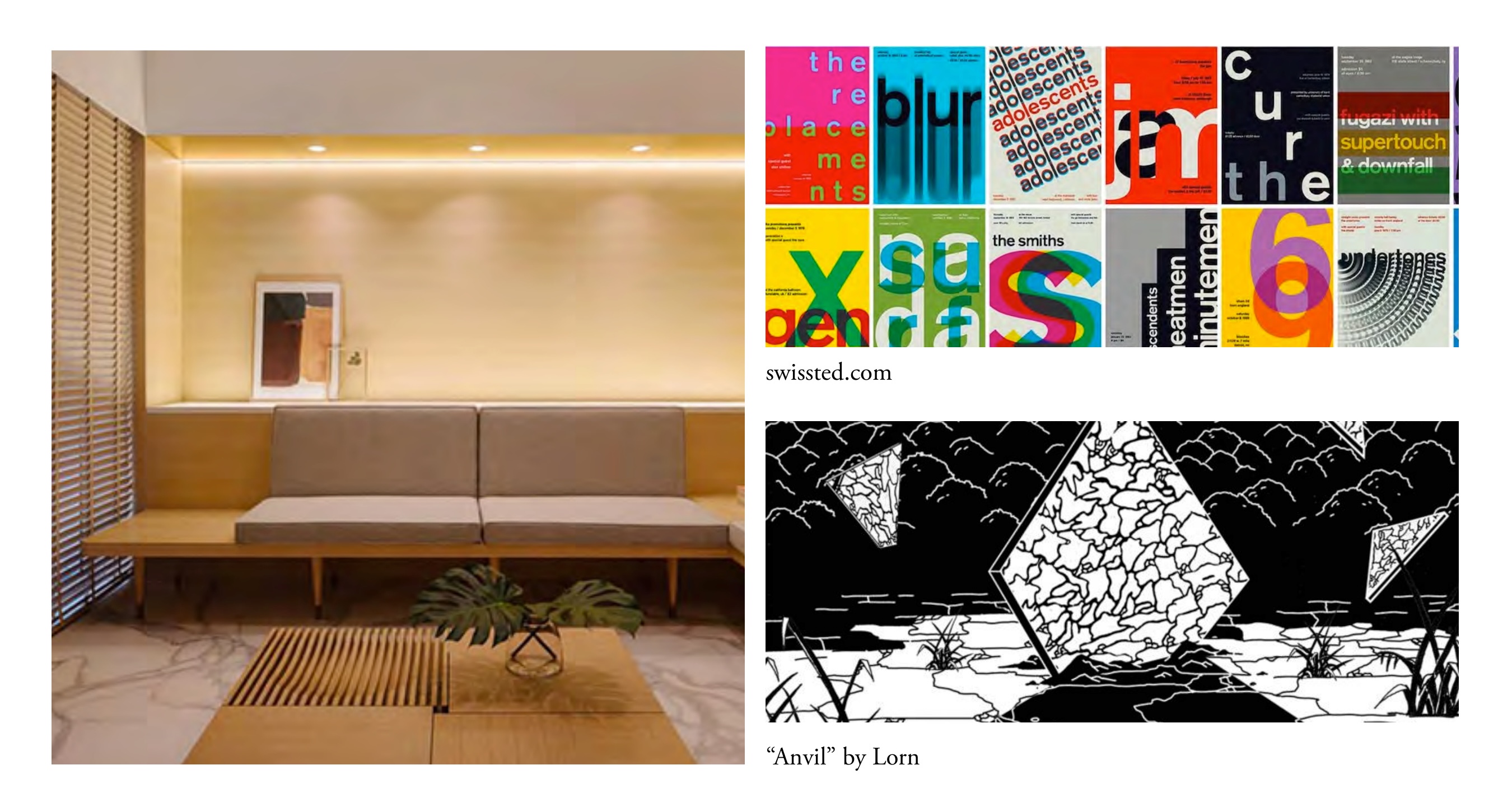 Design philosophy references: Japandi interior, Swiss typographic posters, and Lorn's Anvil album art