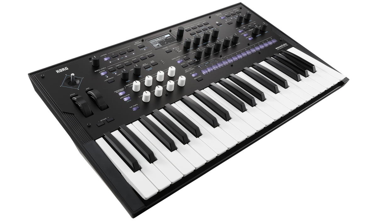 Korg Wavestate hardware: 3/4 angle view showing the keyboard, joystick, and step key layout