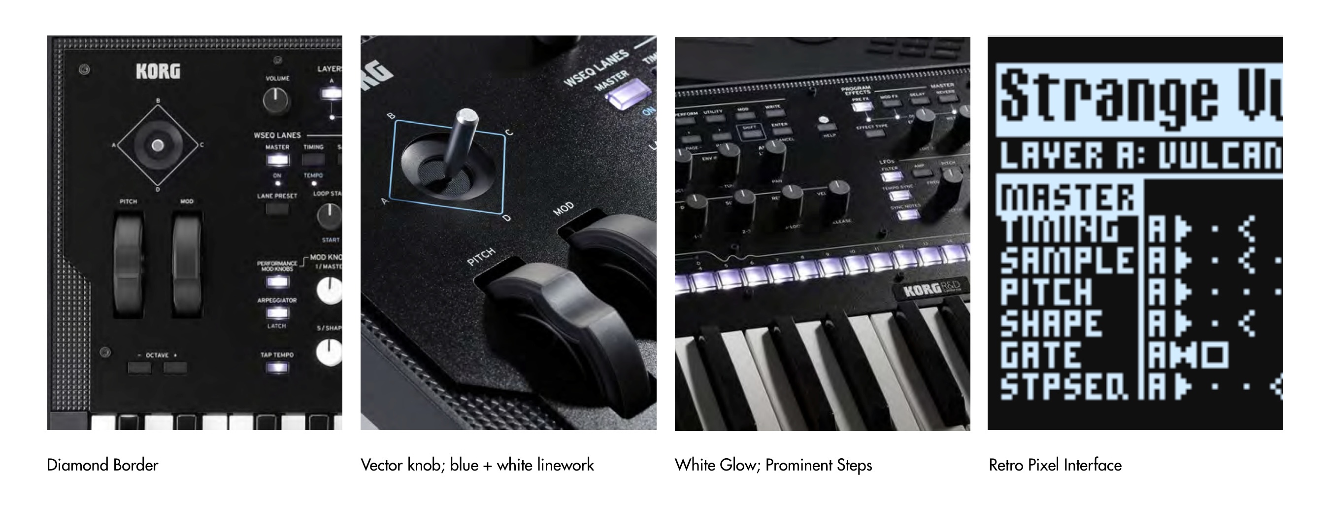 Korg Wavestate hardware design details: diamond border, vector joystick, glowing step keys, and retro pixel display