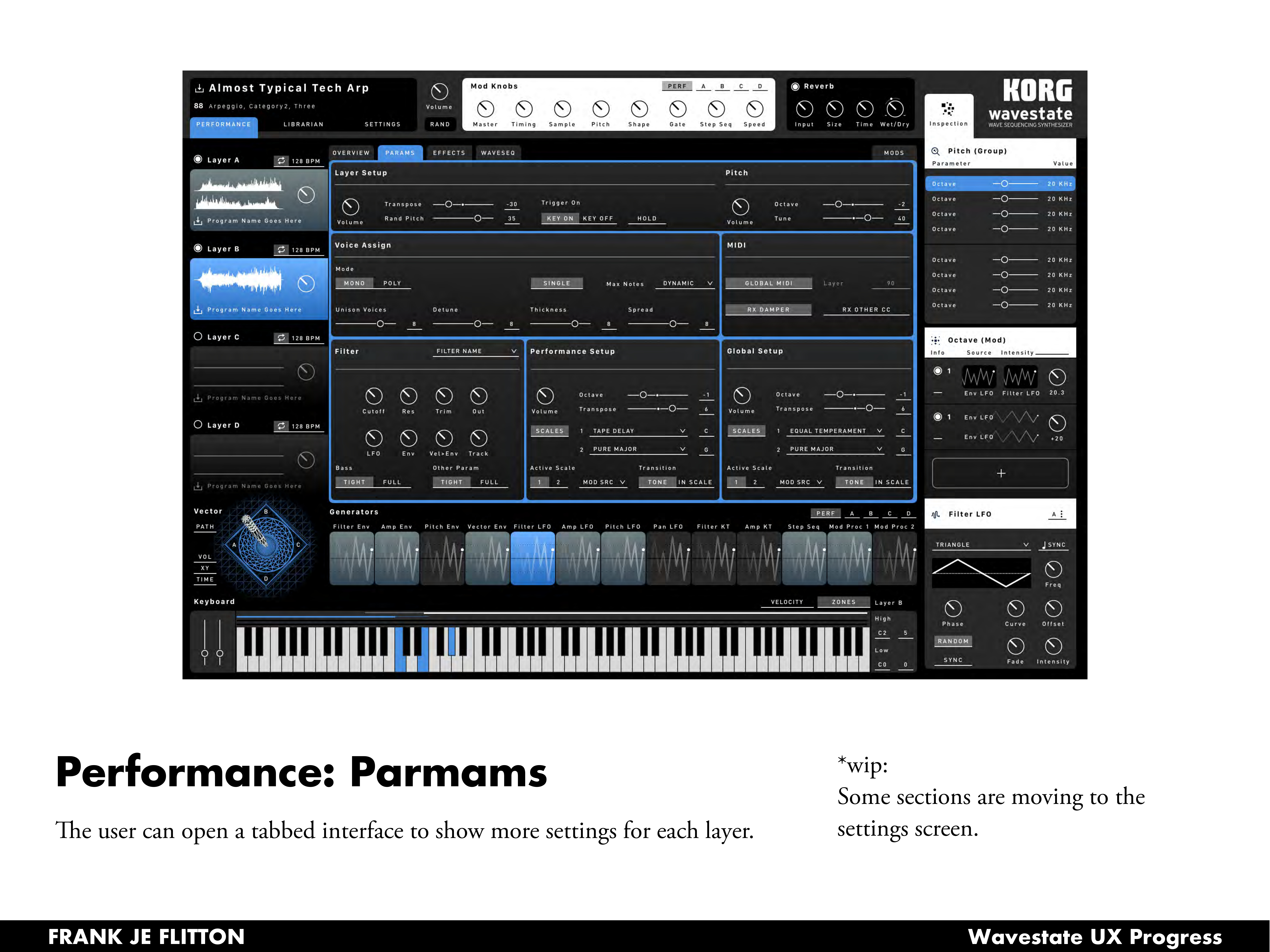 Performance Params tab: layer setup, voice assign, filter, performance and MIDI settings in a single view