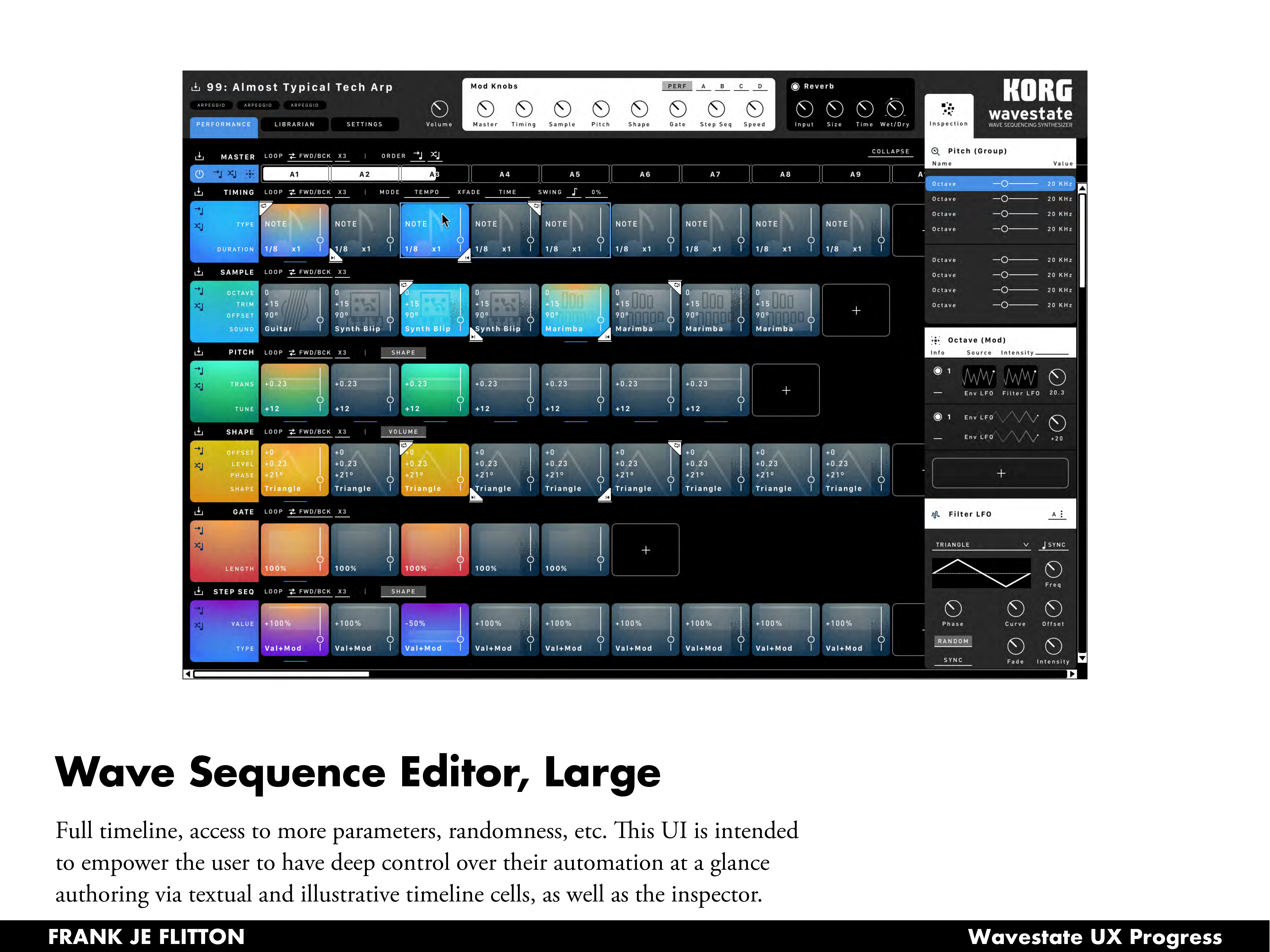 Wave Sequence Editor large view: full step detail with color-coded lanes and complete per-step parameter access