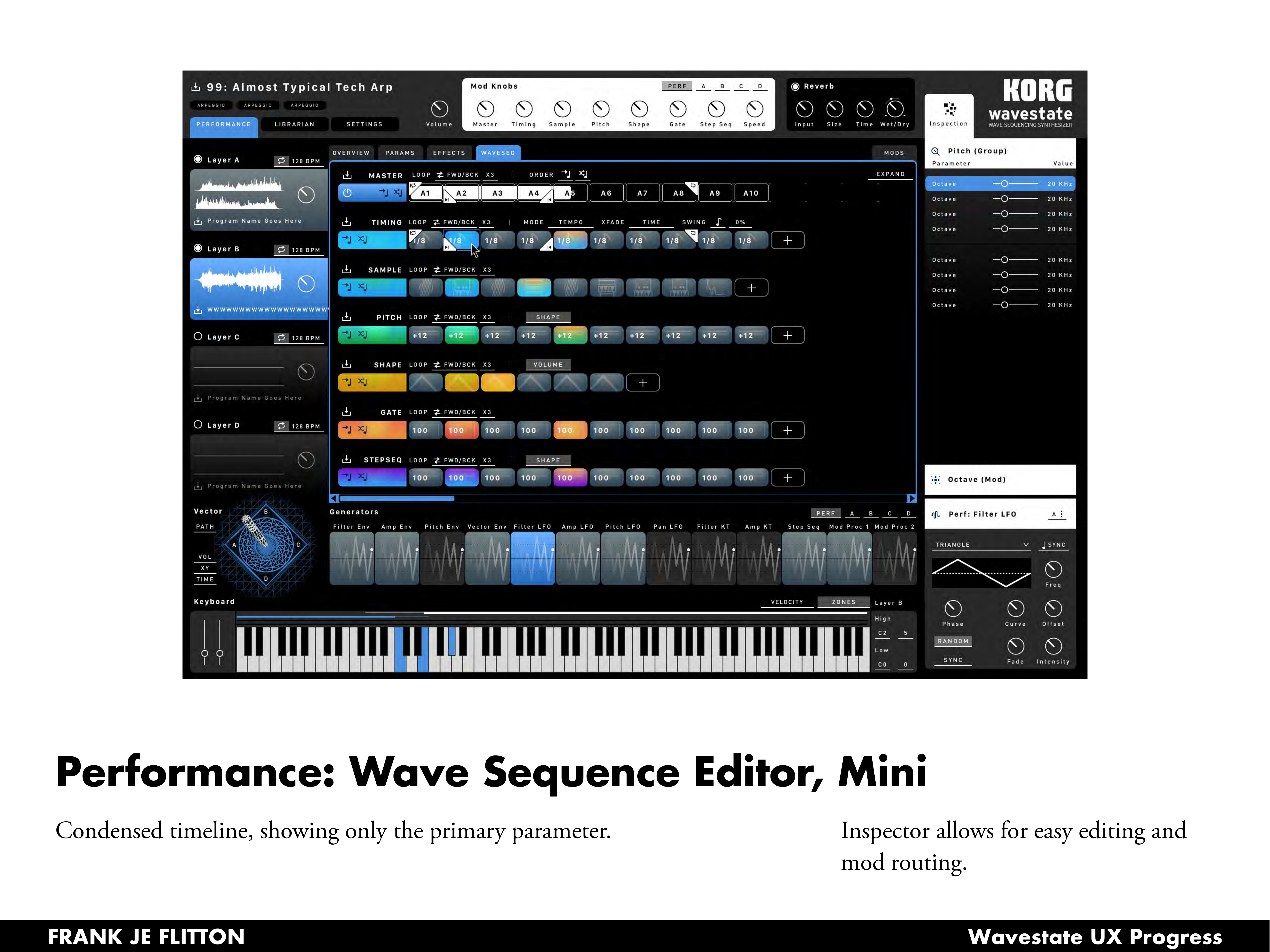 Wave Sequence Editor mini view: condensed lanes showing primary values per step, with inspector for detail edits