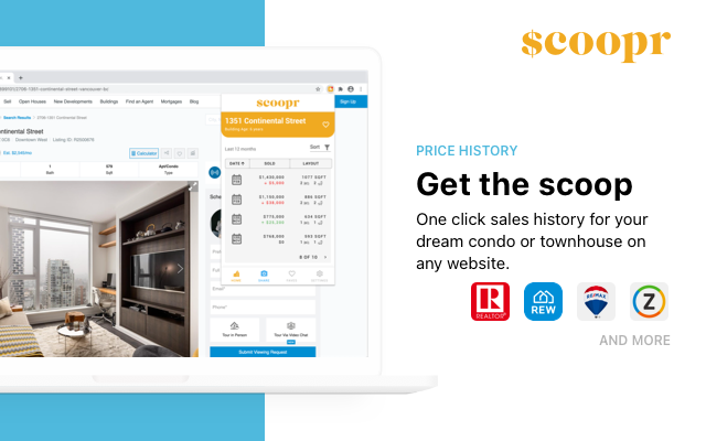 Scoopr browser extension: one-click price history overlay on a listing page, showing sold prices by date and layout
