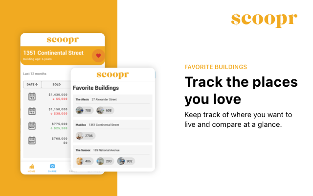 Scoopr mobile app: building sales history with sold prices and layout details for 1351 Continental Street