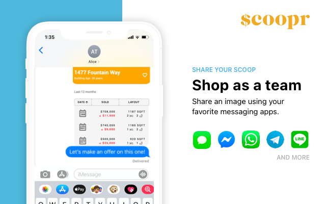 Scoopr sharing: sending a building's price history card through iMessage