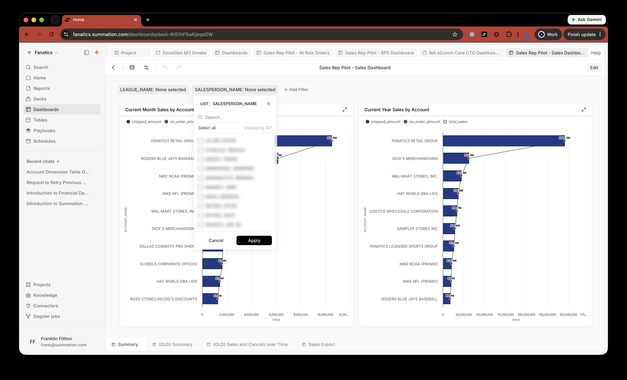 Tab-scope filters over a sales dashboard. Each filter enumerates its options from the resolved source table.
