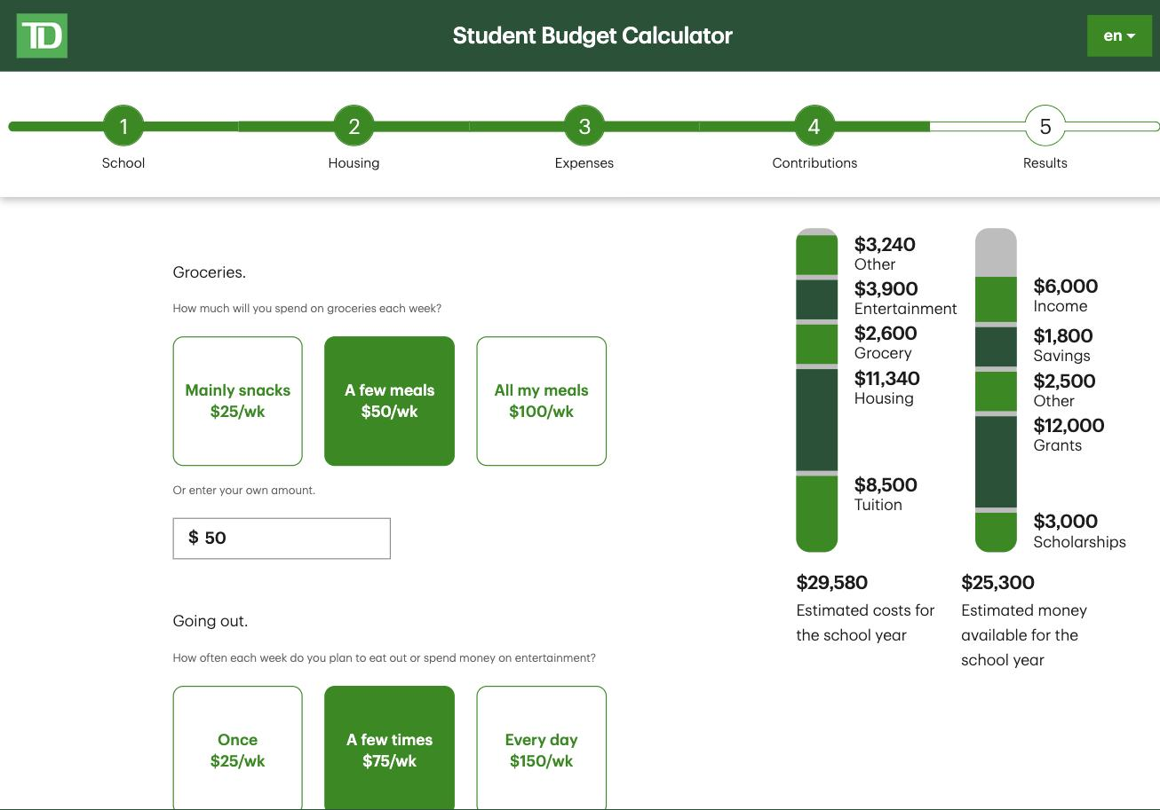 Expenses step: grocery and entertainment spending entered as tappable presets with dollar amounts, with a custom-amount field as fallback