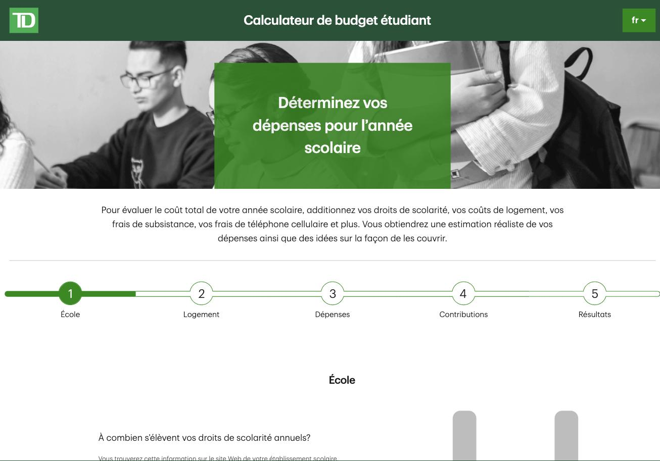The calculator in French: “Calculateur de budget étudiant”, with the step labels École, Logement, Dépenses, Contributions and Résultats