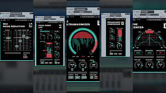 All five redesigned plugins: W43, Vocal Rider Live, L2 Ultramaximizer, Renaissance Compressor, The Center