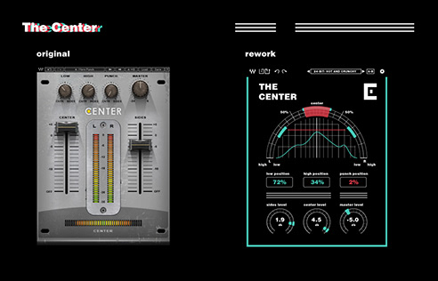 The Center: original small-knob interface vs. the redesigned arc-dominant layout