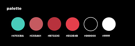 Colour palette: teal #47CCBA, red tones #C55A61 / #B7323C / #E53E4B, black and white