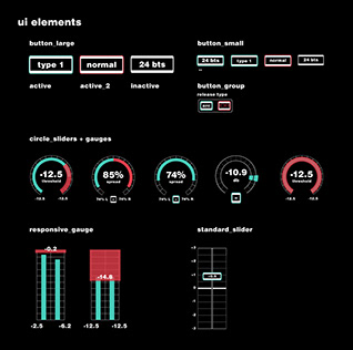 UI element sheet: buttons, circle sliders, gauges, and standard sliders